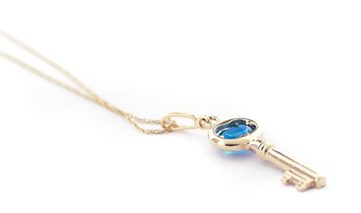 0.5 Carat 14K Solid Yellow Gold Key Charm Necklace Blue Topaz