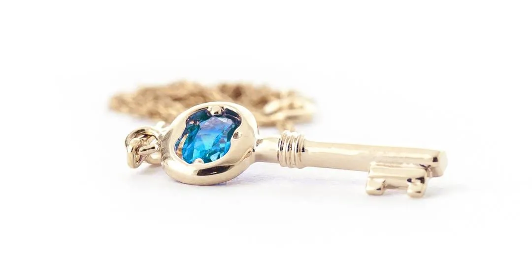 0.5 Carat 14K Solid Yellow Gold Key Charm Necklace Blue Topaz