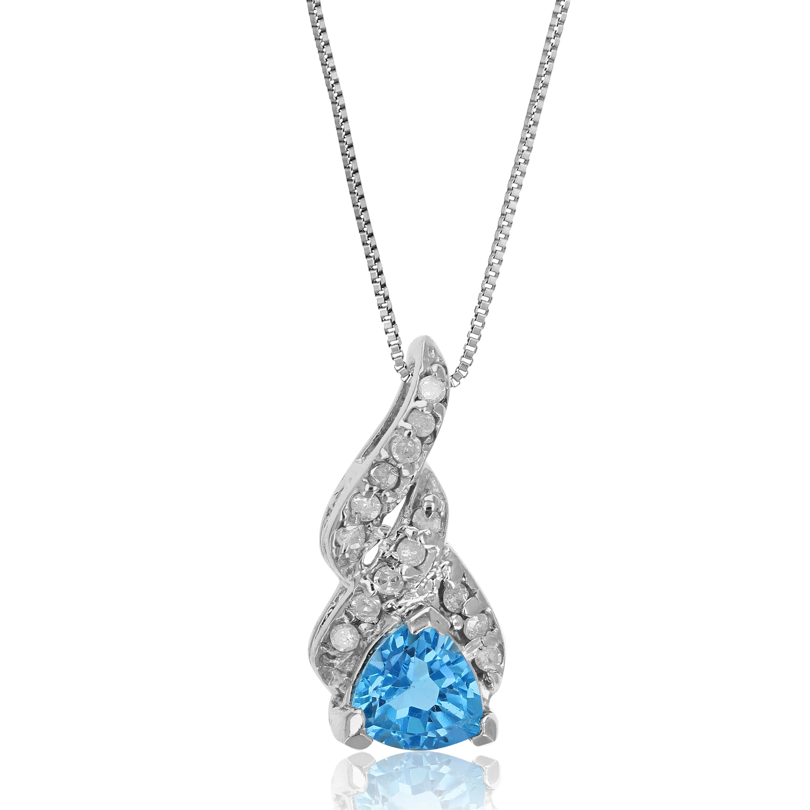 0.75 cttw Trillion Cut Blue Topaz and Diamond Pendant in 14K White Gold 18" Chain