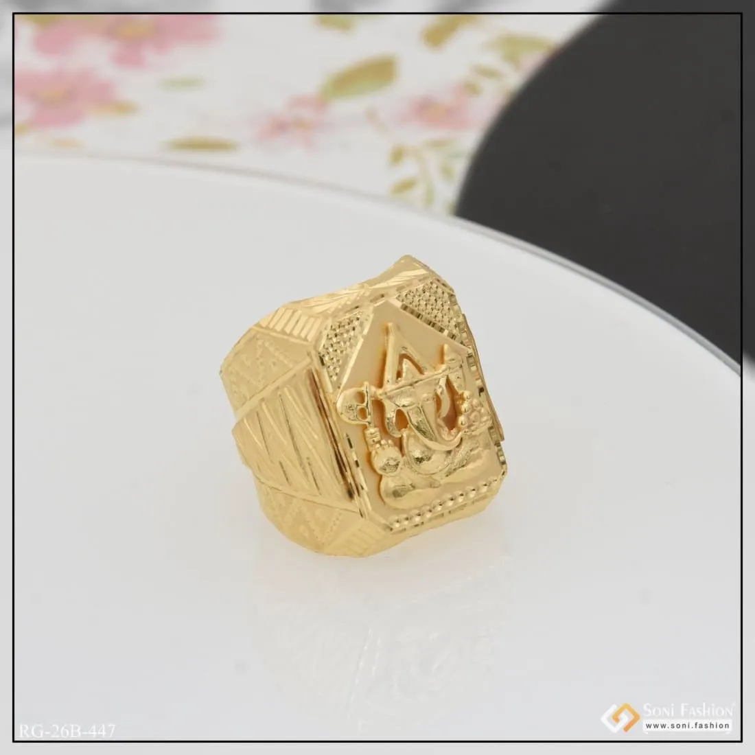 1 Gram Gold Plated Ganesha Fancy Design High-Quality Ring for Men - Style B447