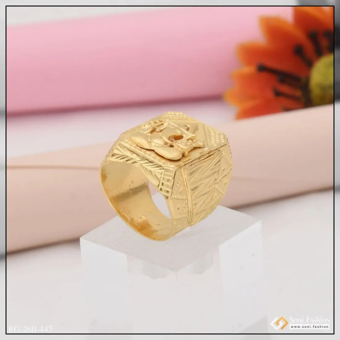 1 Gram Gold Plated Ganesha Fancy Design High-Quality Ring for Men - Style B447