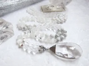 108 Glowing Quartz, Selenite, Moonstone Mala Necklace in Clear Quartz Pendant