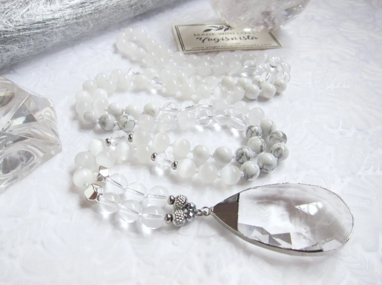 108 Glowing Quartz, Selenite, Moonstone Mala Necklace in Clear Quartz Pendant