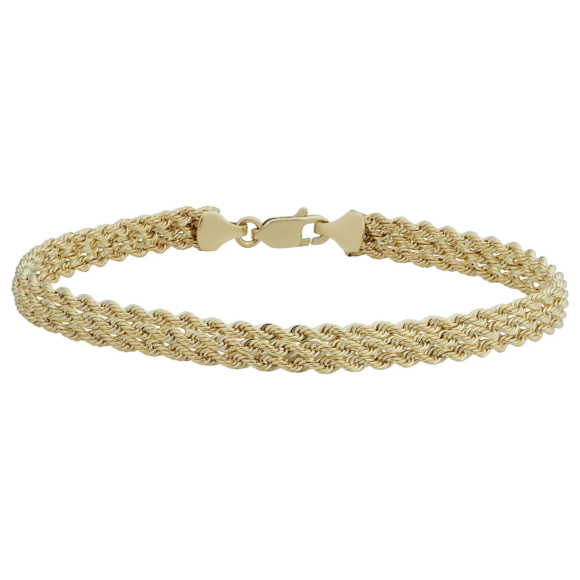 10k Yellow Gold Triple Row Semi Solid Rope Bracelet, 7.5"