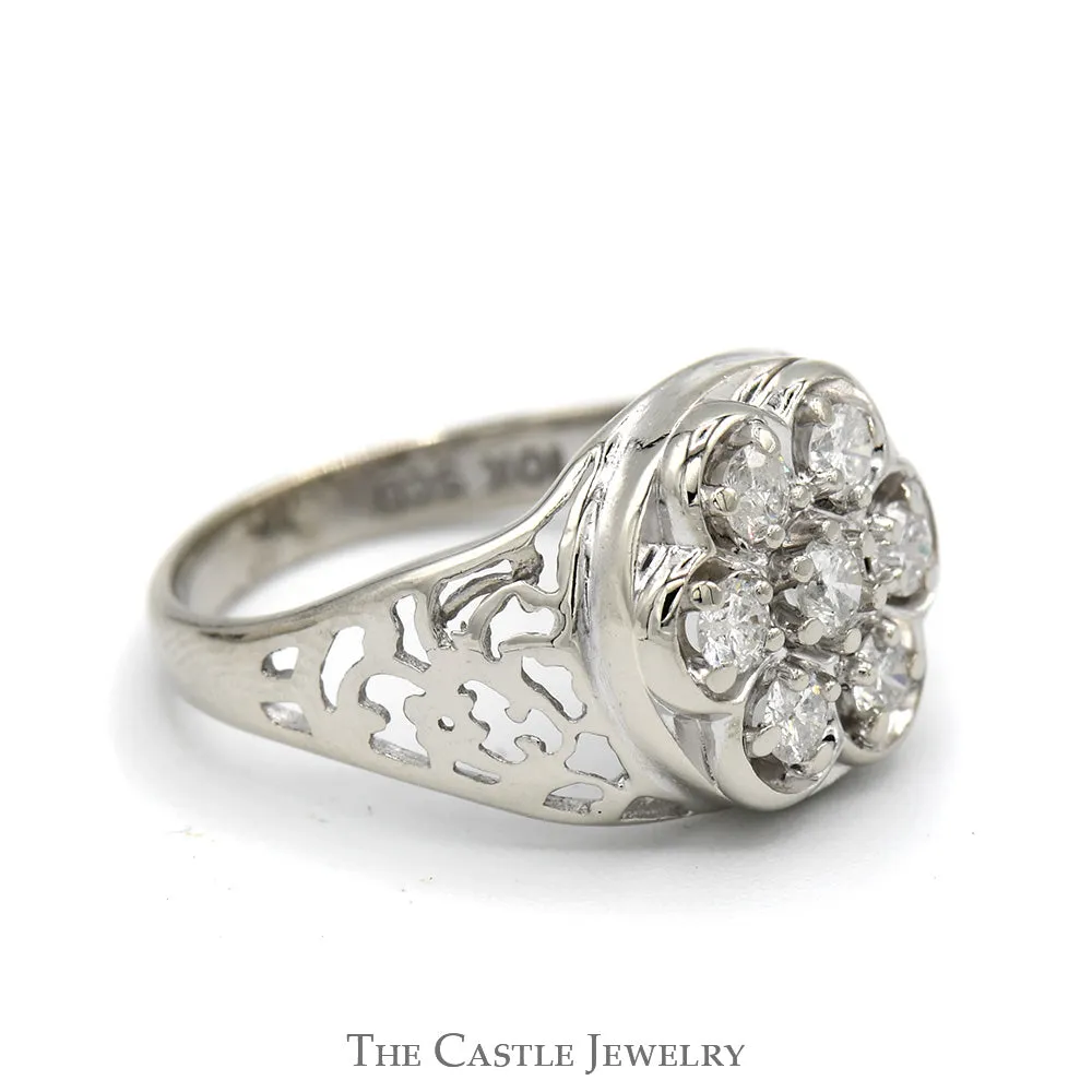 1/2cttw 7 Diamond Kentucky Cluster Ring with Open Filigree Sides in 10k White Gold