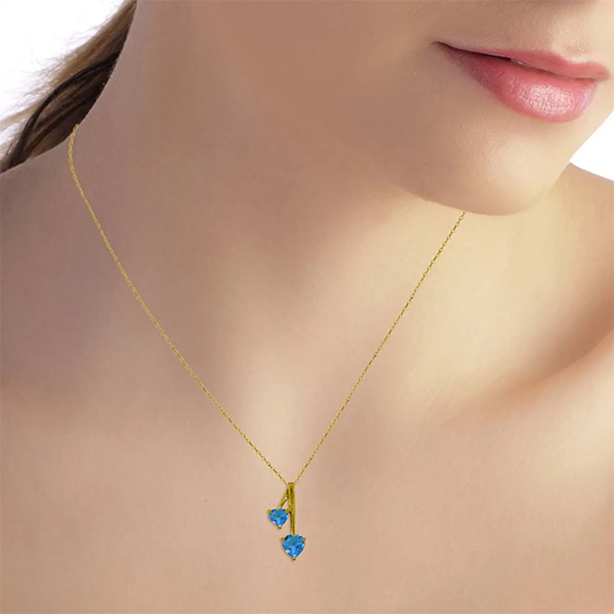 1.4 Carat 14K Solid Yellow Gold Hearts Necklace Natural Blue Topaz