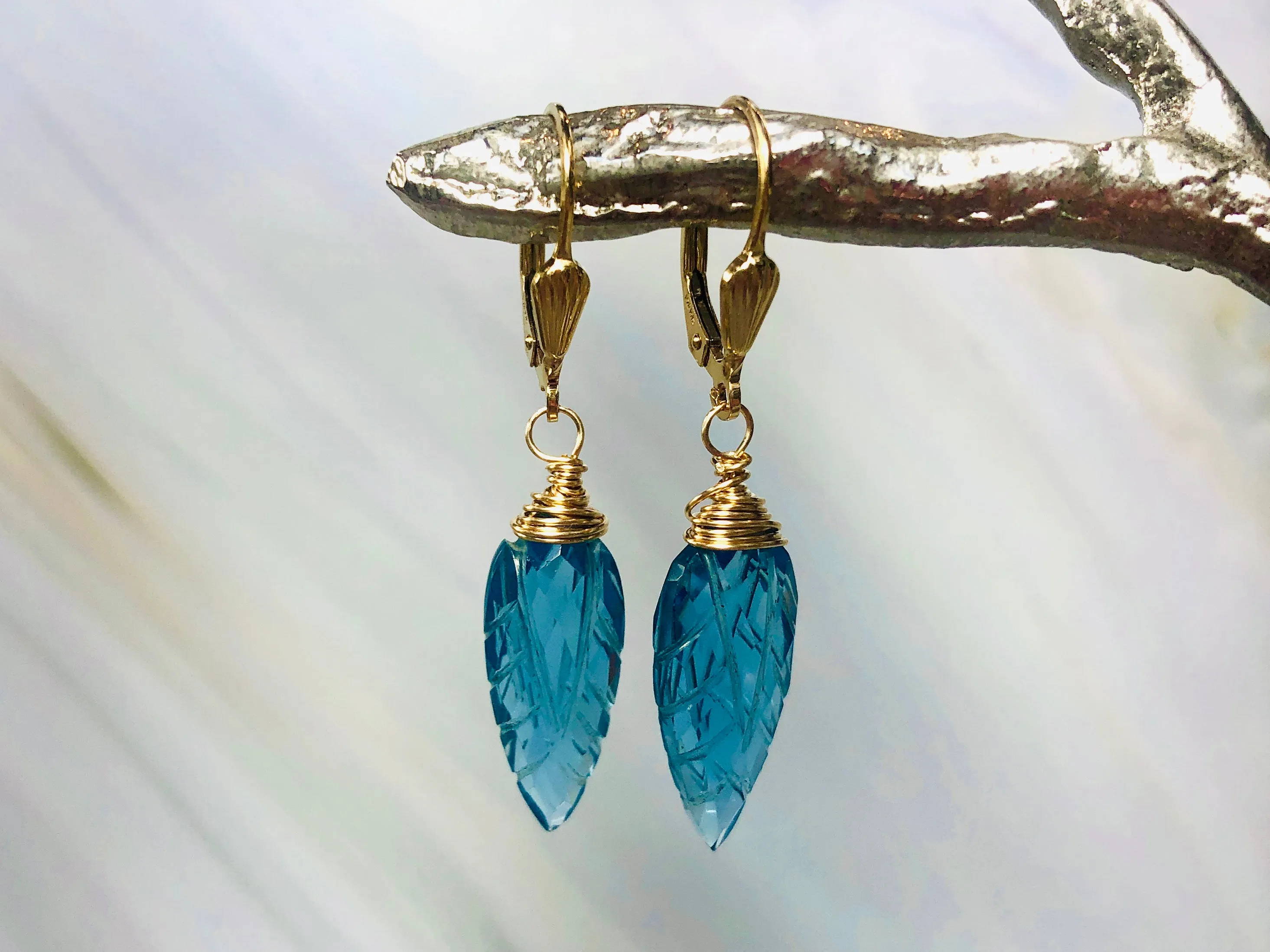 14k Gold Blue Topaz Quartz earrings, Gold Blue Topaz Lever back Earrings