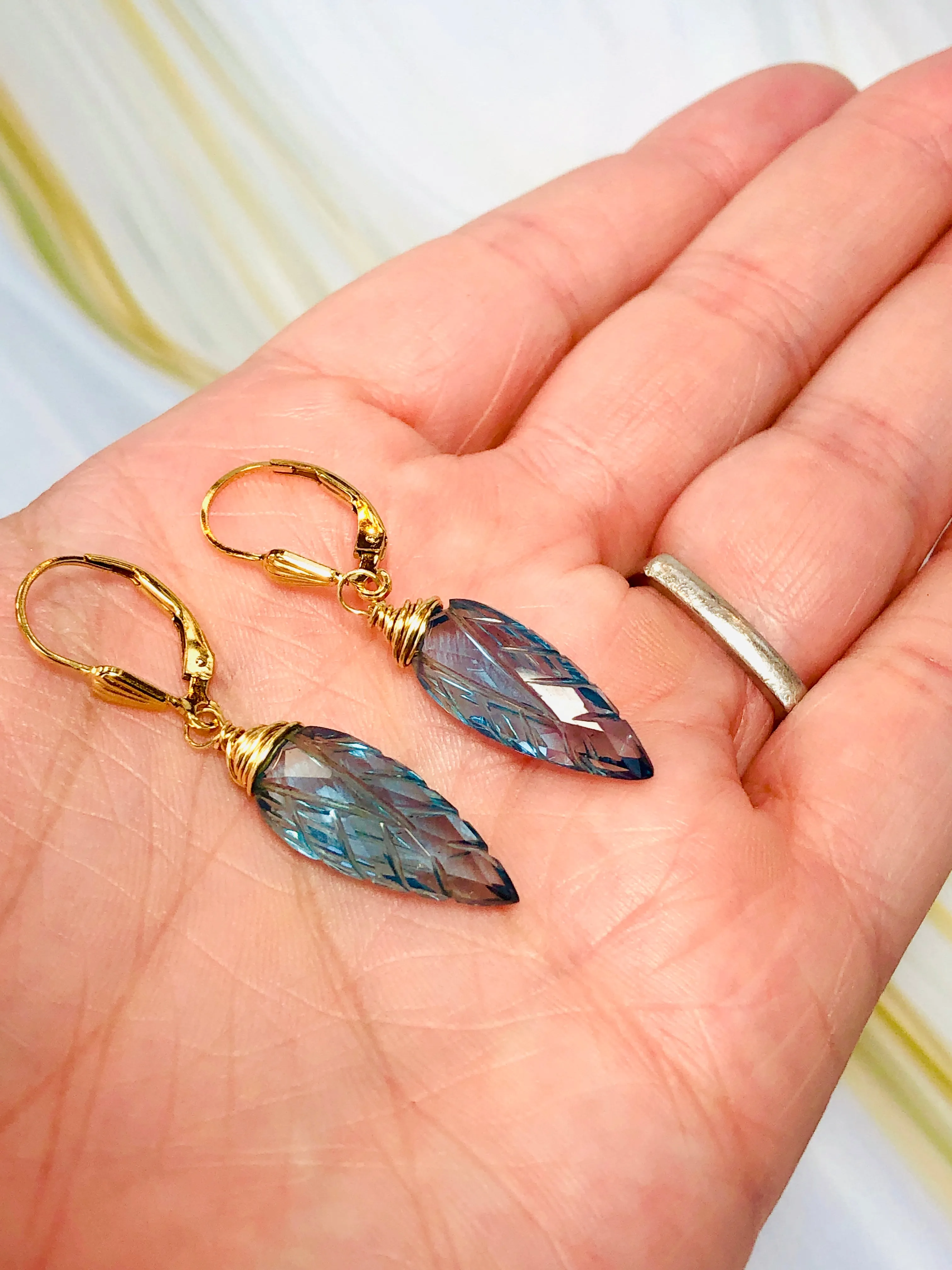 14k Gold Blue Topaz Quartz earrings, Gold Blue Topaz Lever back Earrings