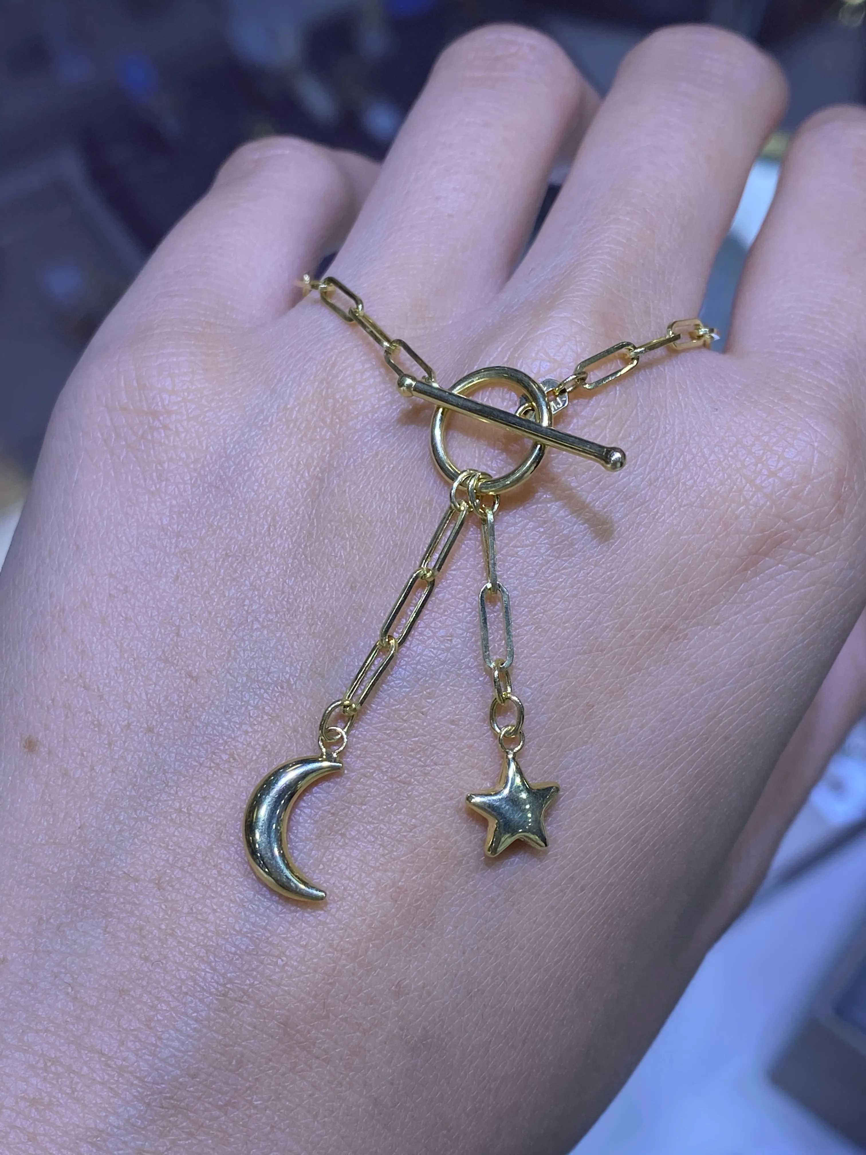 14K Gold Paper Clip Star and Moon Charm Necklace