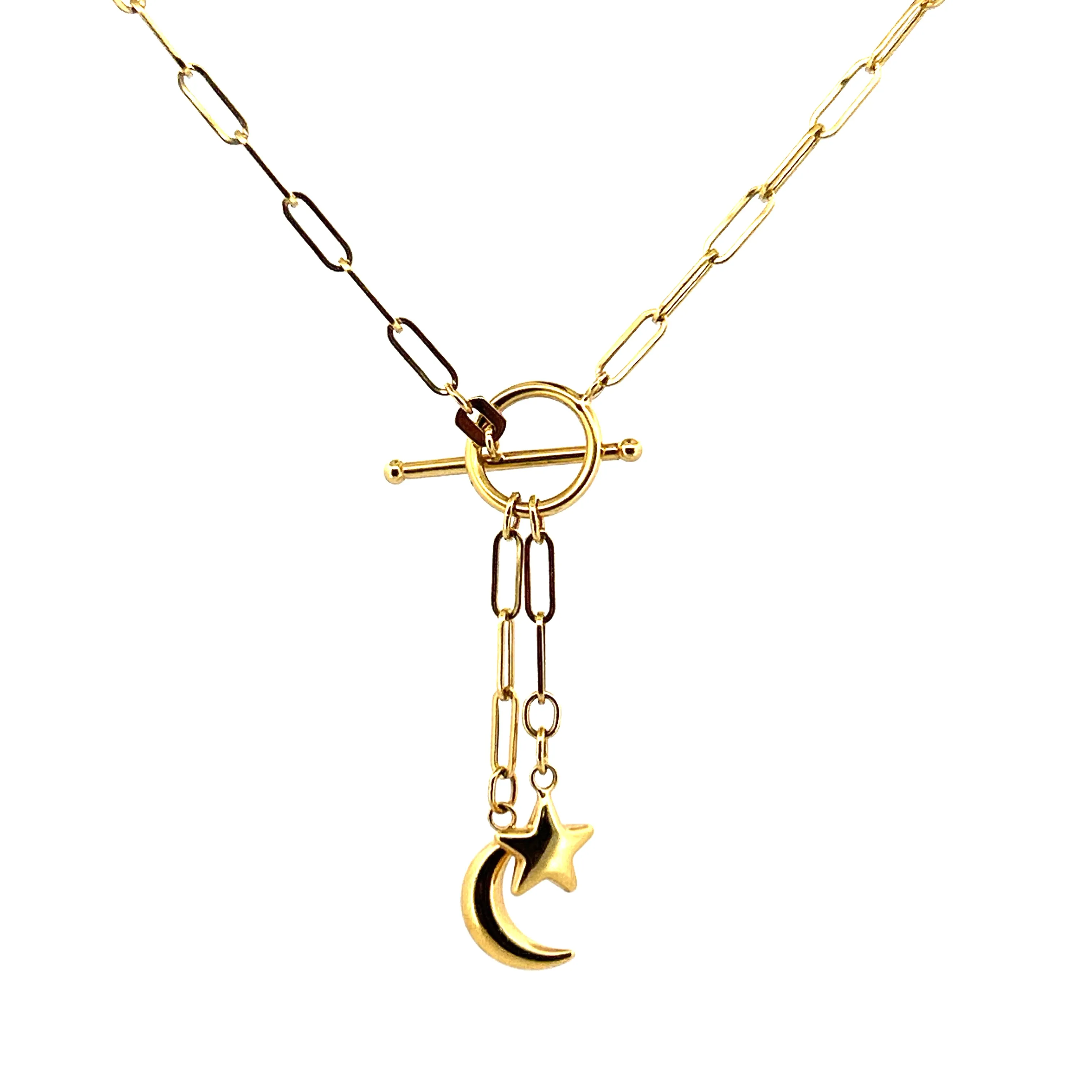 14K Gold Paper Clip Star and Moon Charm Necklace