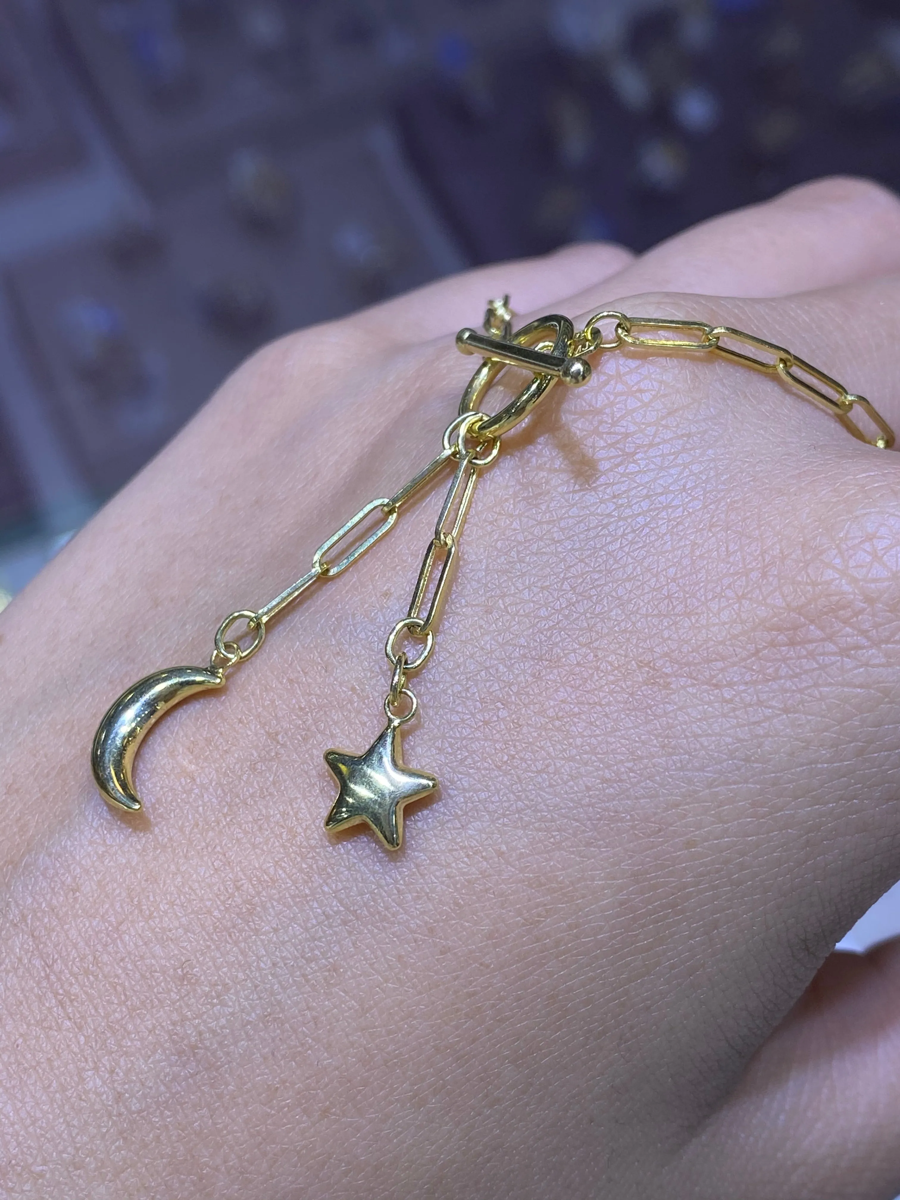 14K Gold Paper Clip Star and Moon Charm Necklace