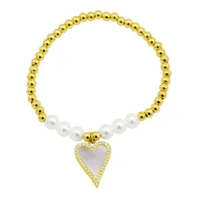 14K Gold Plated Stretch Pearl Bracelet With Mother-of-Pearl Halo Heart