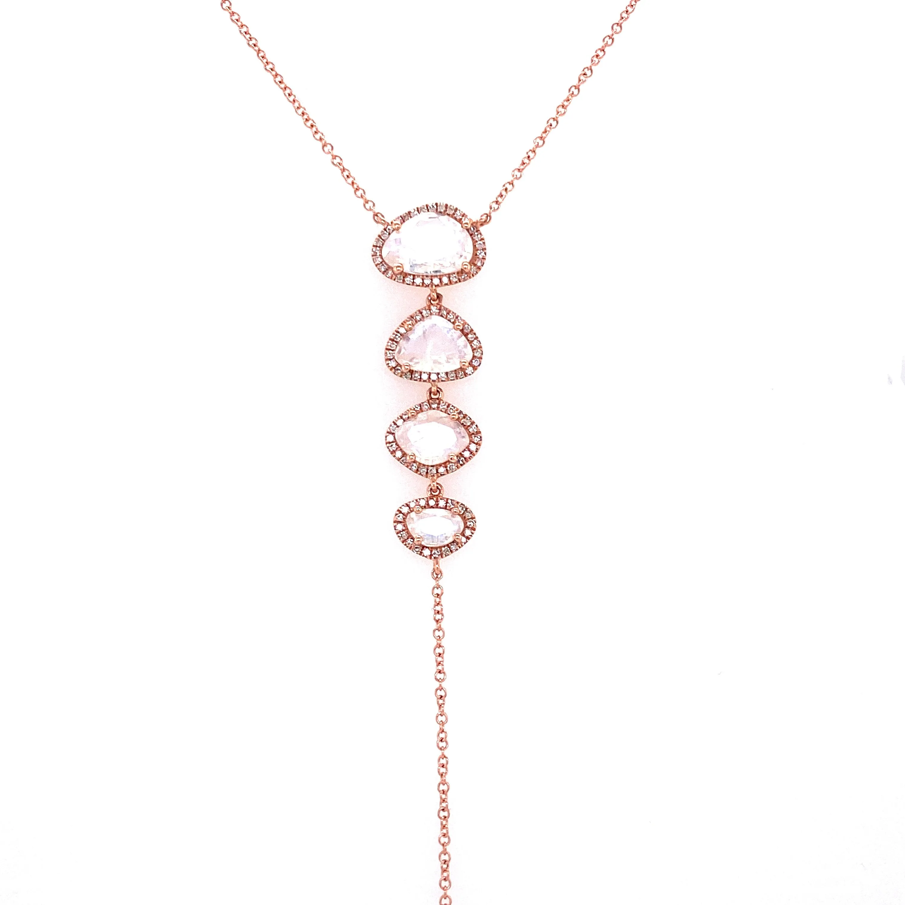 14K Rose Gold Diamond   Rainbow Moonstone Lariat Necklace