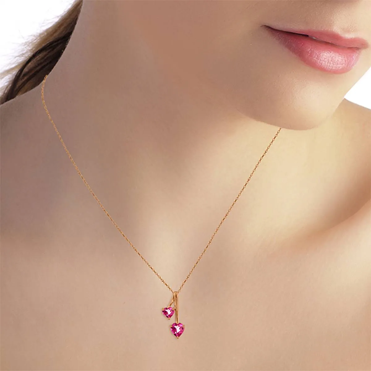 14K Solid Rose Gold Hearts Necklace w/ Natural Pink Topaz