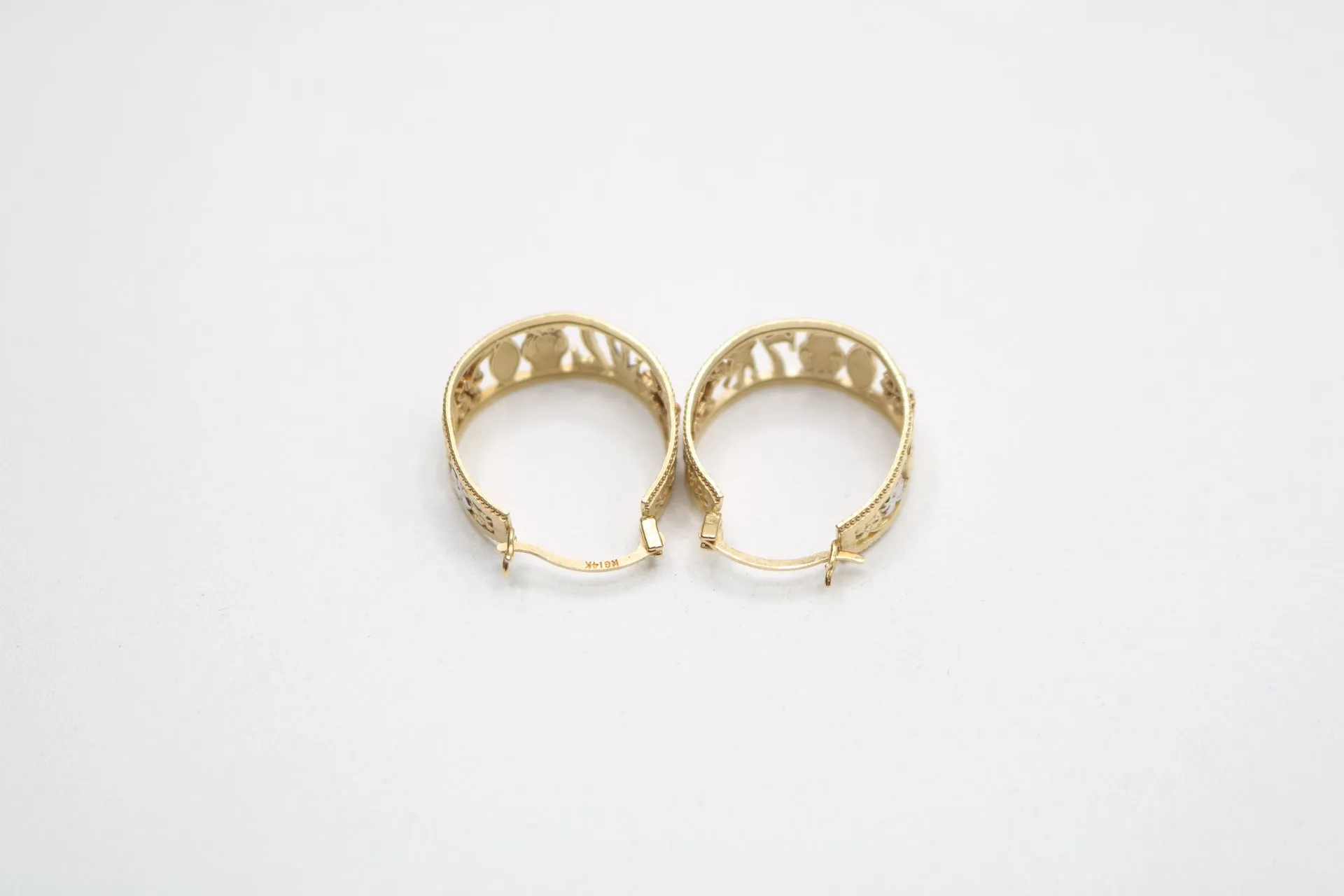 14K Three Tone Gold Lucky Lever Hoop Earrings (4.9 Grams)