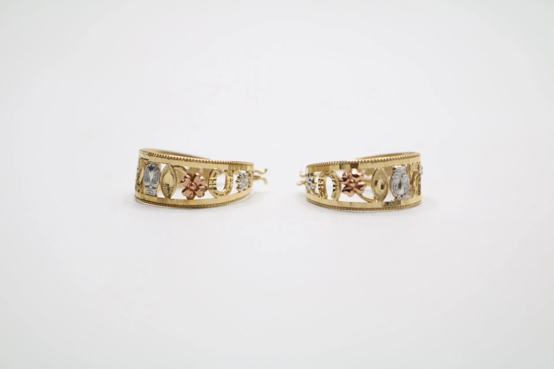 14K Three Tone Gold Lucky Lever Hoop Earrings (4.9 Grams)