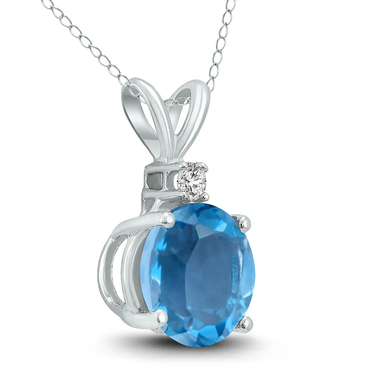 14K White Gold 5Mm Round Blue Topaz And Diamond Pendant