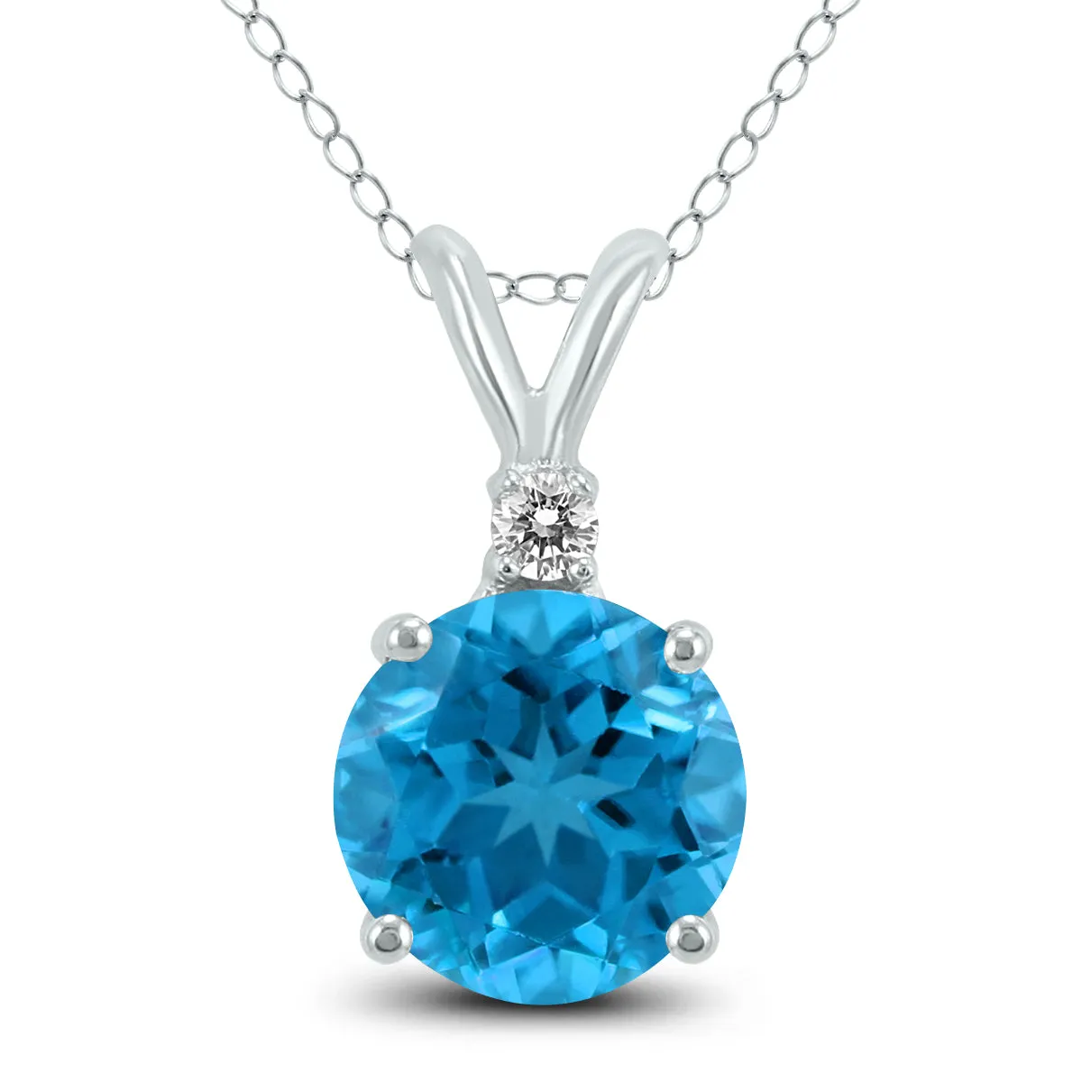 14K White Gold 5Mm Round Blue Topaz And Diamond Pendant