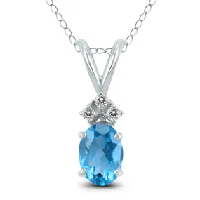 14K White Gold 8X6Mm Oval Blue Topaz And Three Stone Diamond Pendant