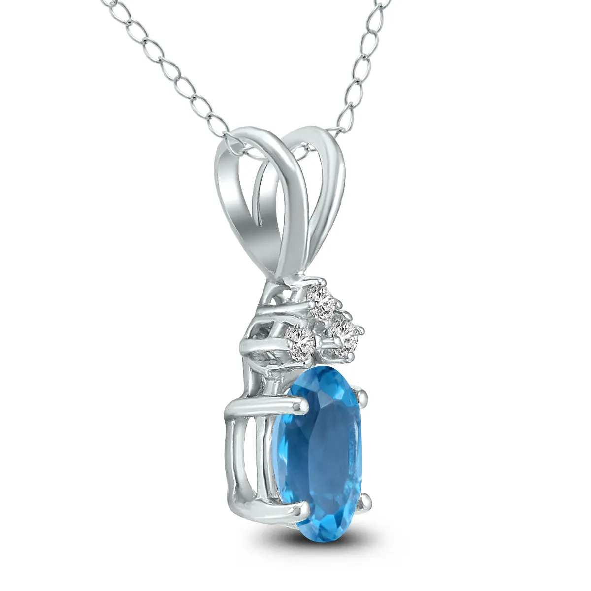 14K White Gold 8X6Mm Oval Blue Topaz And Three Stone Diamond Pendant