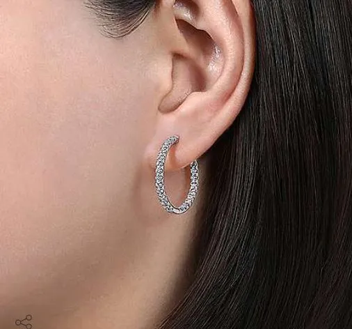 14K White Gold French Pavé 20mm Round Inside Out Diamond Hoop Earrings