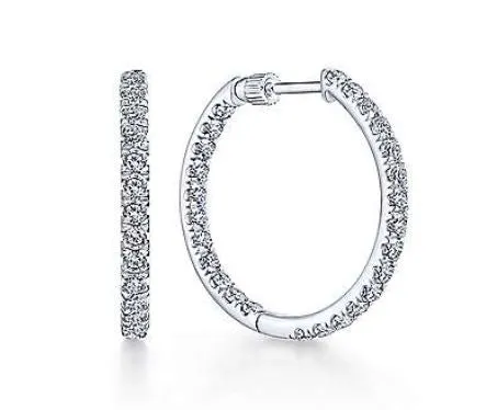 14K White Gold French Pavé 20mm Round Inside Out Diamond Hoop Earrings