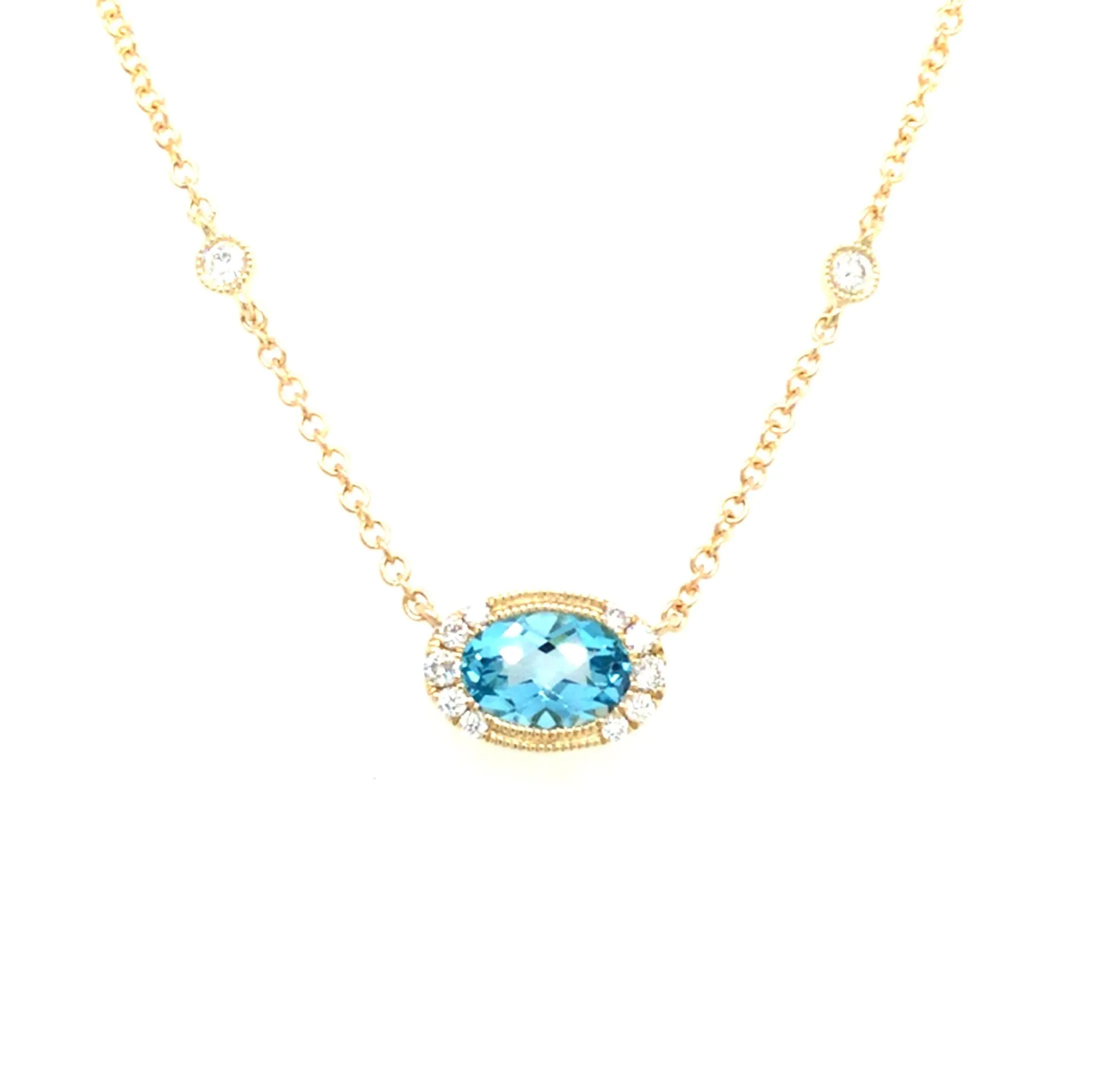 14K Yellow Blue Topaz and Natural Diamond 18 inch Necklace