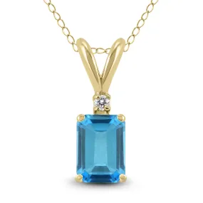 14K Yellow Gold 8X6Mm Emerald Shaped Blue Topaz And Diamond Pendant