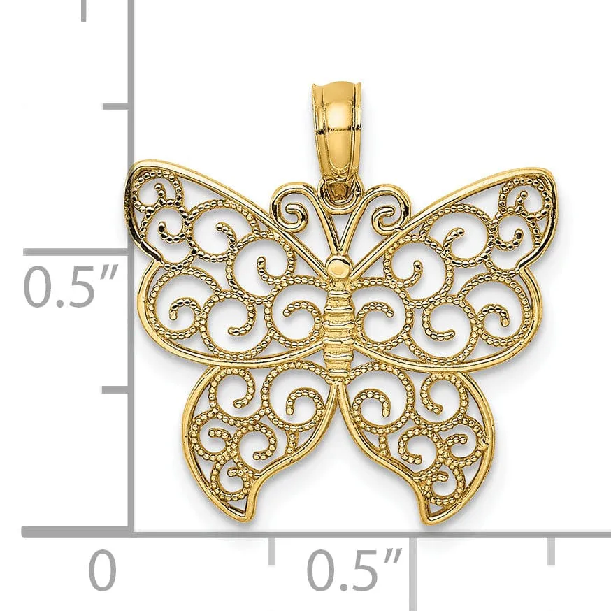 14K Yellow Gold Open Back Solid Polished Finish Beaded Filigree Small Butterfly Charm Pendant