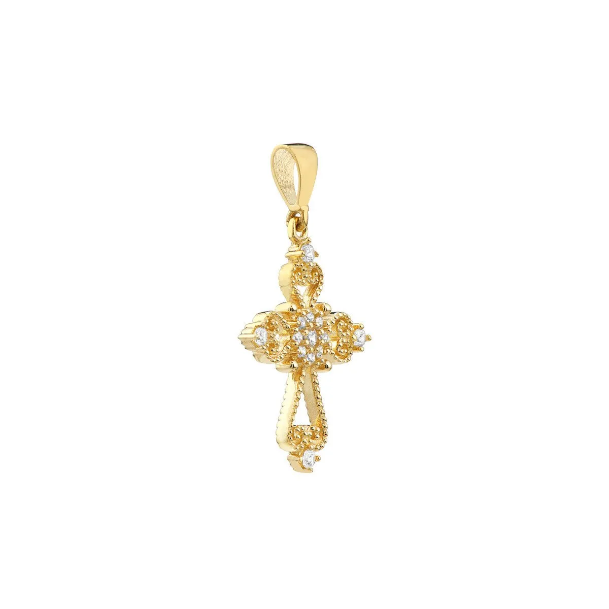 14K Yellow Gold Open Filigree CZ Cross Pendant