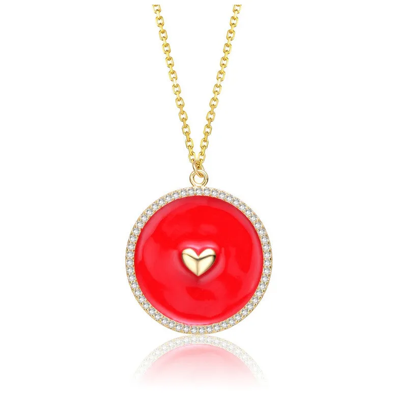 14k Yellow Gold Plated with clear Cubic Zirconia and Colored Enamel Round Pendant