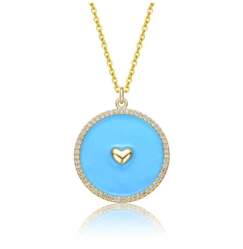 14k Yellow Gold Plated with clear Cubic Zirconia and Colored Enamel Round Pendant