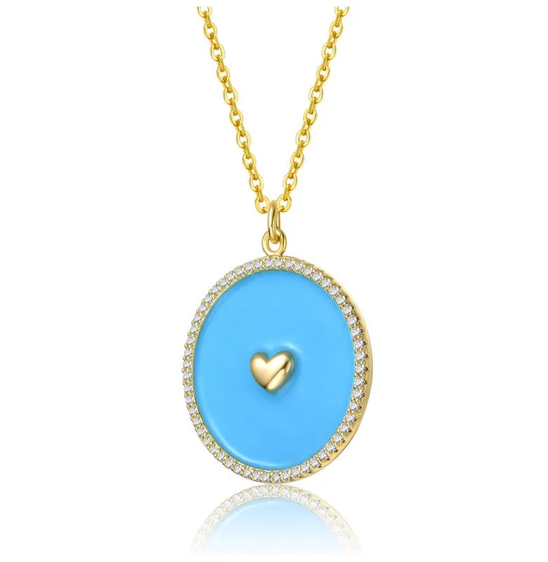 14k Yellow Gold Plated with clear Cubic Zirconia and Colored Enamel Round Pendant