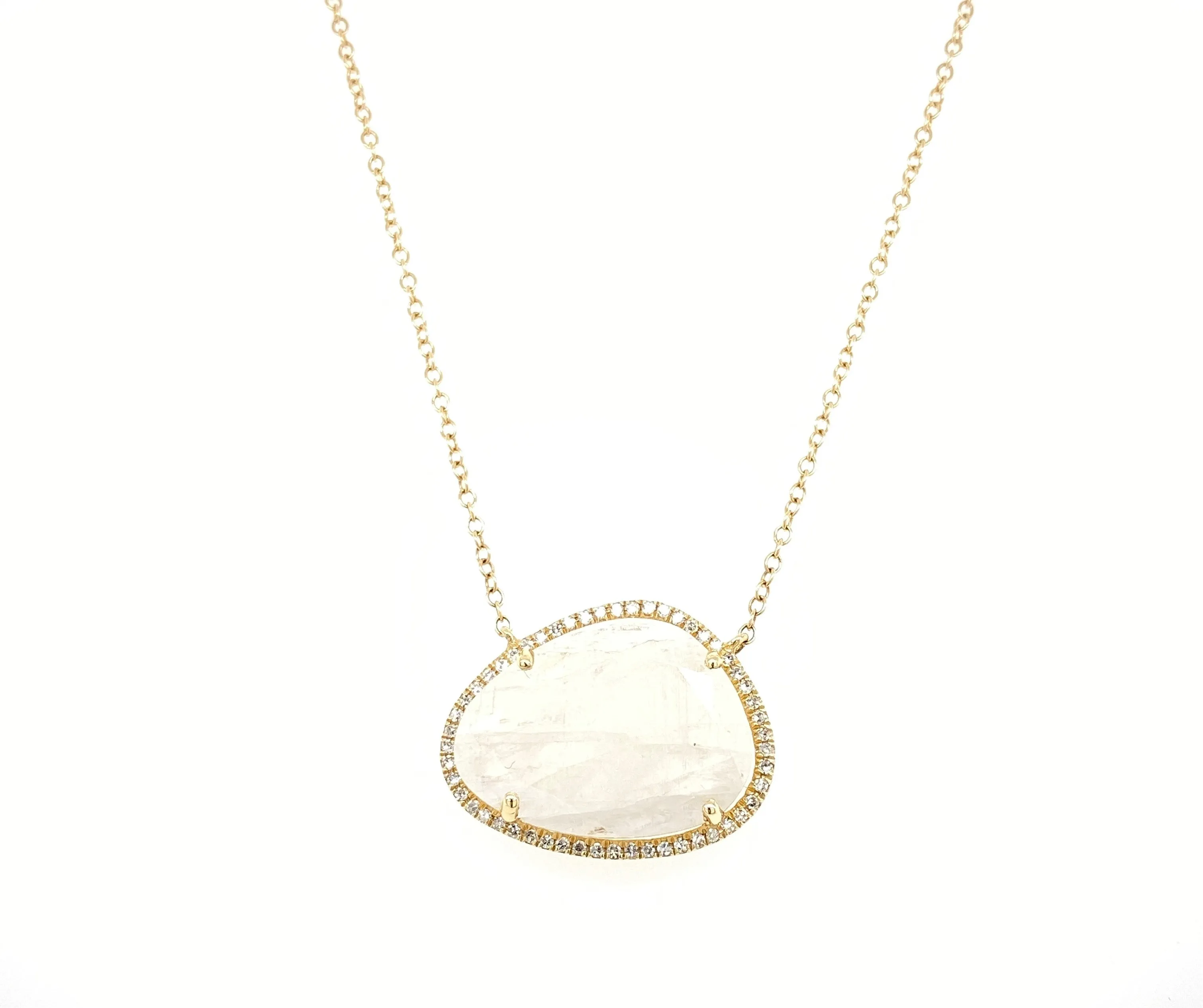 14K Yellow Gold Round Diamond   Moonstone Freeform Necklace