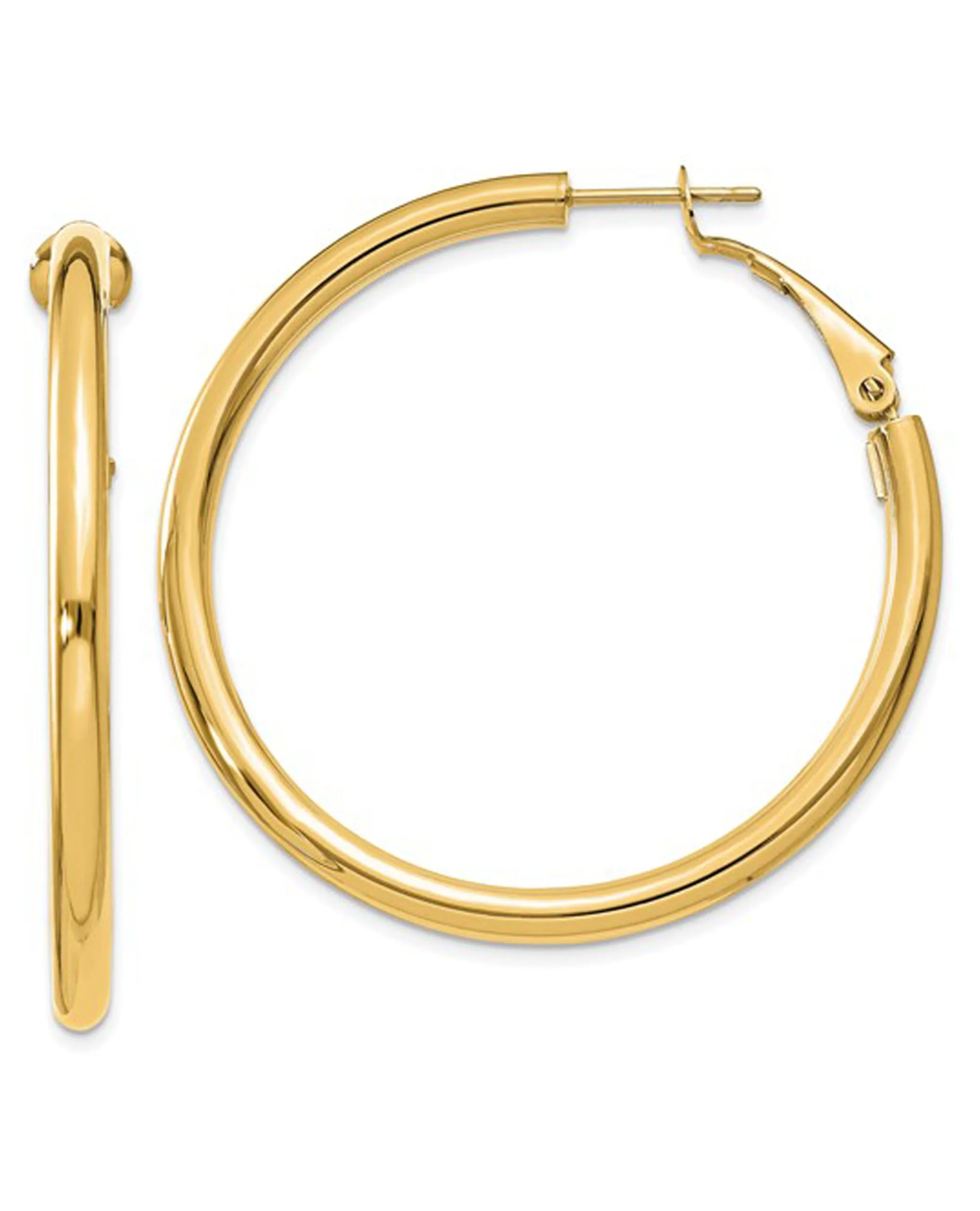 14K Yellow Gold Round Omega Back Hoop Earrings- 3x35mm