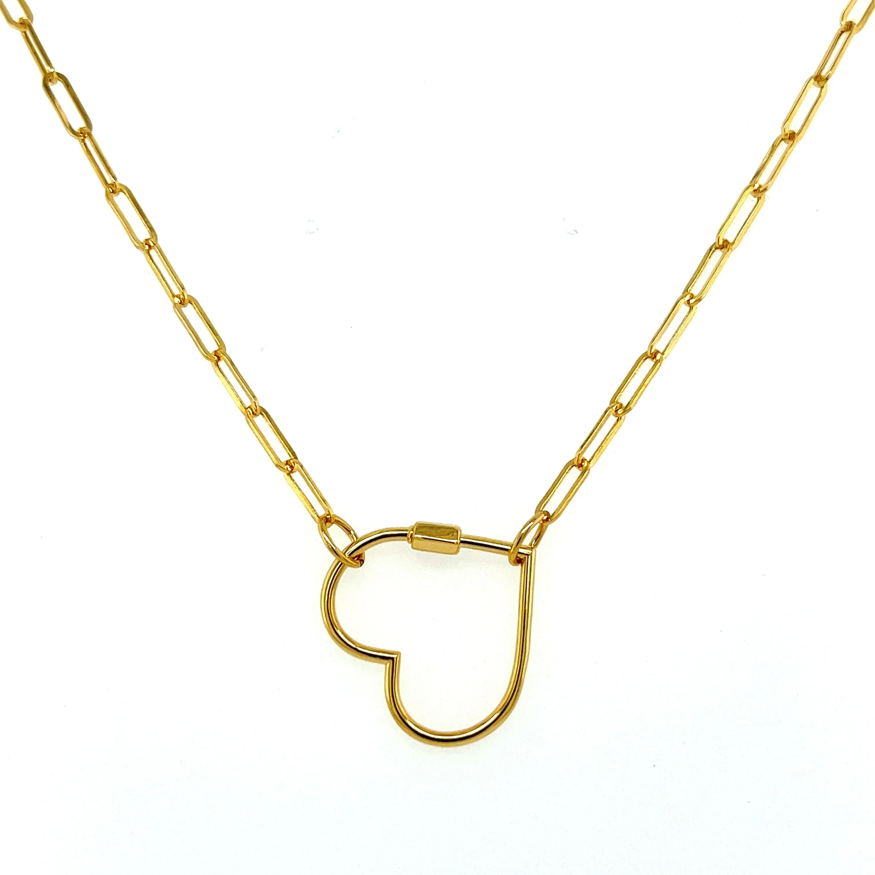 14Kt Real Gold Heart Charm Necklace With Paper Clip Chain