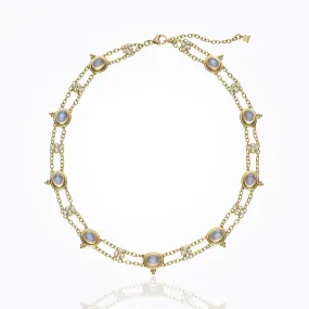 18K Classic Double Link Necklace with royal blue moonstone and diamond