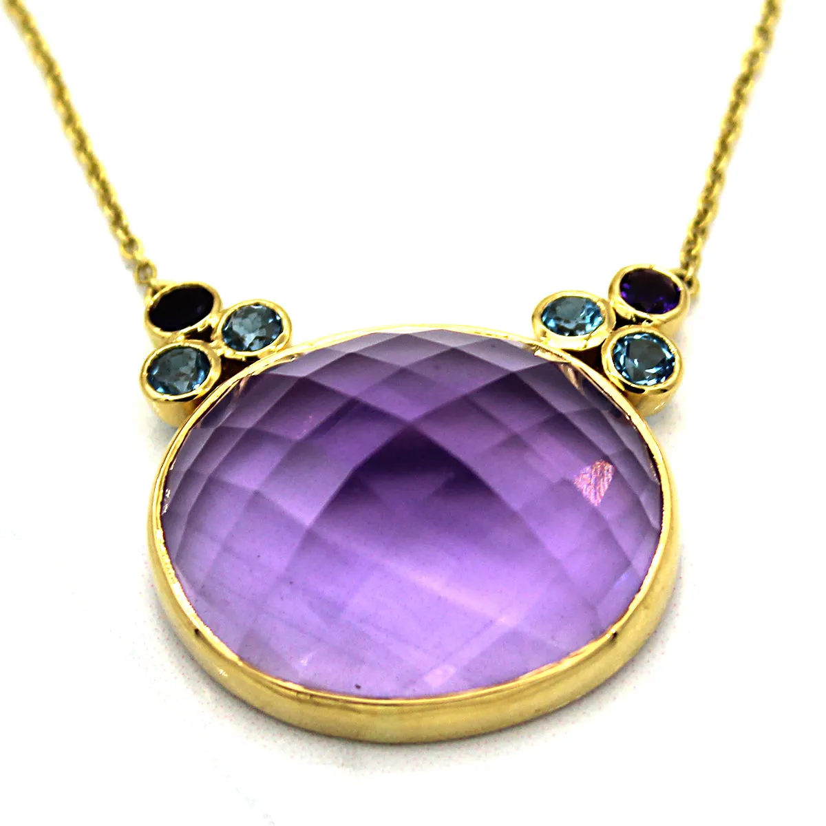 18k Yellow Gold Natural Amethyst Blue Topaz Fine Necklace Pendant