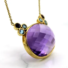 18k Yellow Gold Natural Amethyst Blue Topaz Fine Necklace Pendant