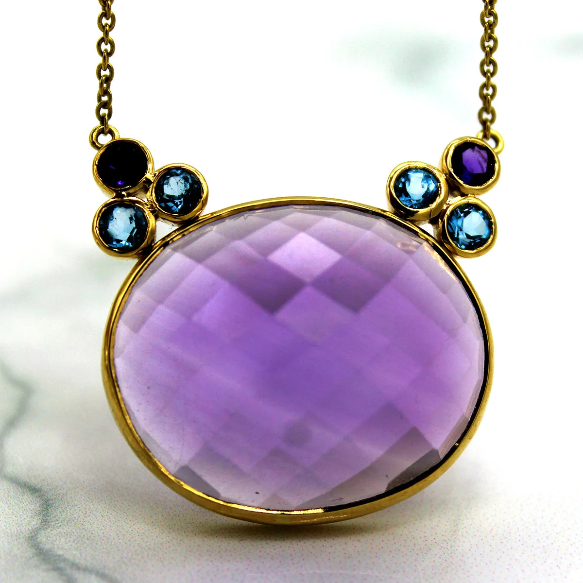 18k Yellow Gold Natural Amethyst Blue Topaz Fine Necklace Pendant