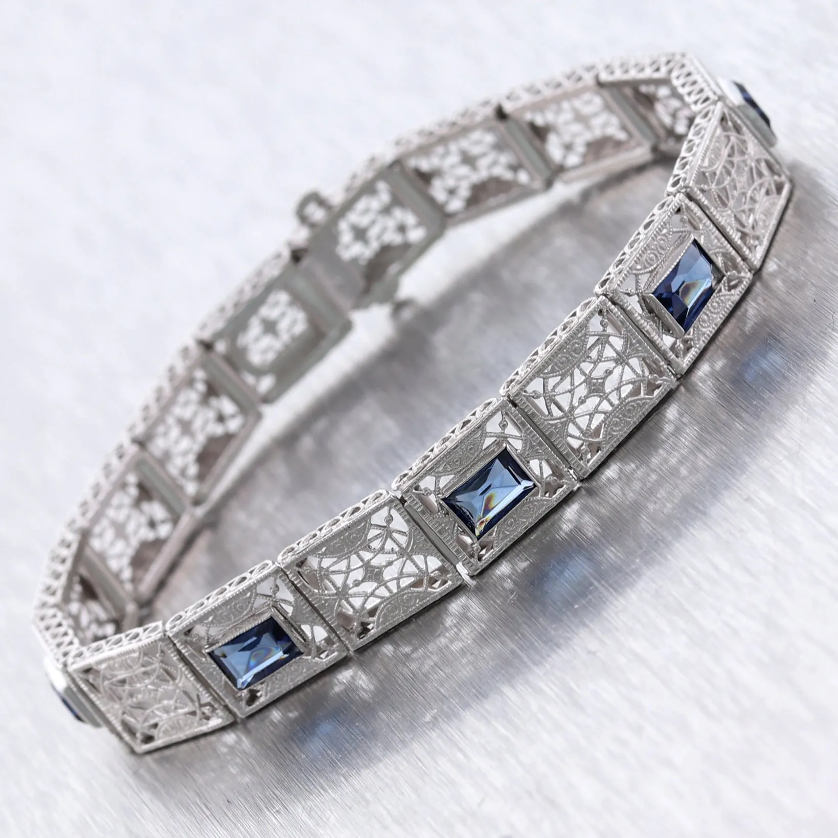 1920's Antique Art Deco 14k White Gold Synthetic Sapphire Filigree Bracelet