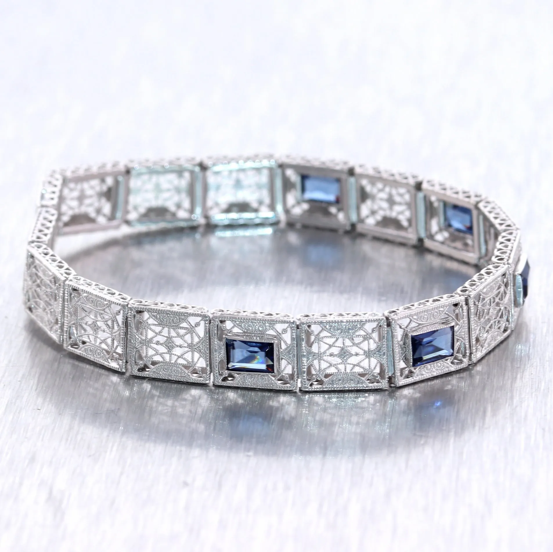 1920's Antique Art Deco 14k White Gold Synthetic Sapphire Filigree Bracelet