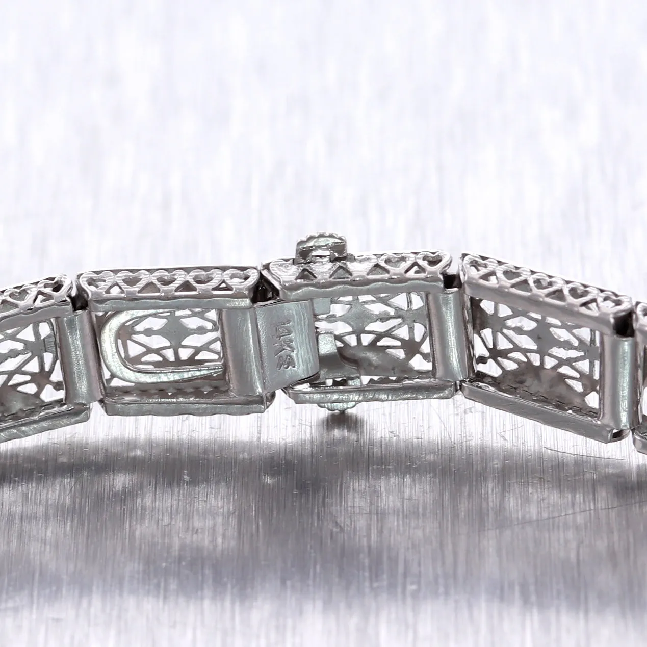 1920's Antique Art Deco 14k White Gold Synthetic Sapphire Filigree Bracelet