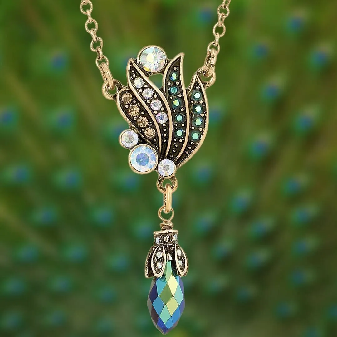 1928 Jewelry Peacock Plumage Art Nouveau Style Blue Iridescent AB Drop Pendant Necklace 16"   3" Extender