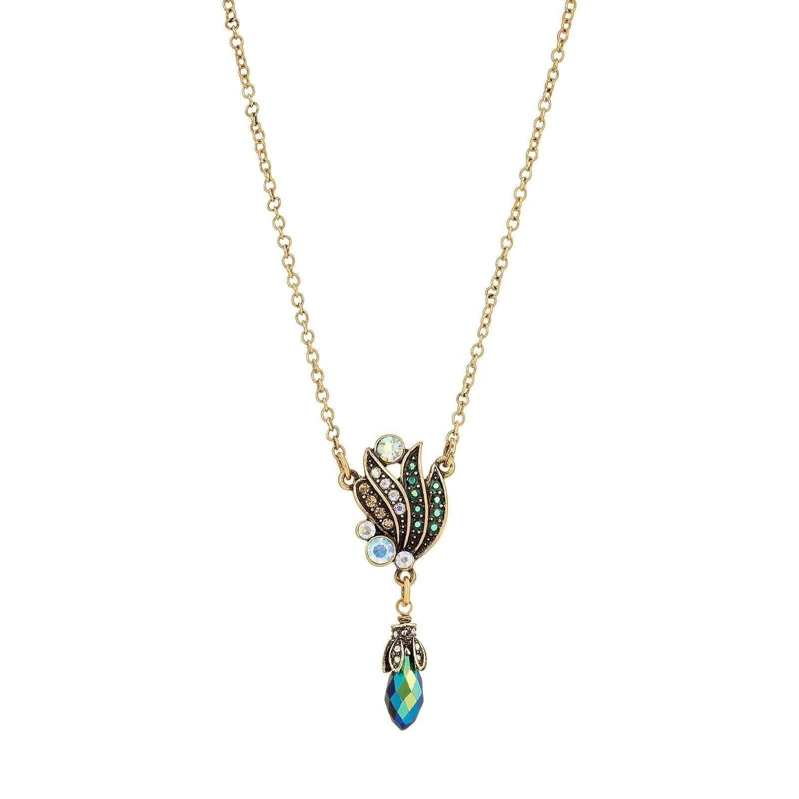 1928 Jewelry Peacock Plumage Art Nouveau Style Blue Iridescent AB Drop Pendant Necklace 16"   3" Extender