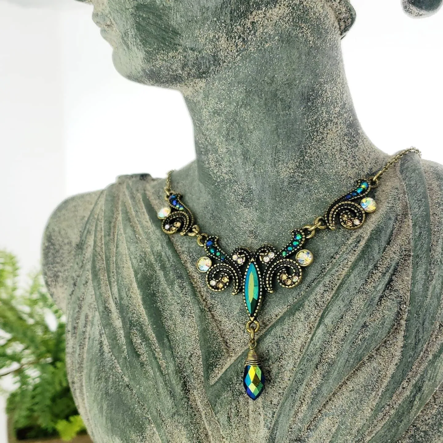 1928 Jewelry Peacock Plumage Art Nouveau Style Multi AB Glass Stone Drop Pendant Necklace 16"   3" Extender