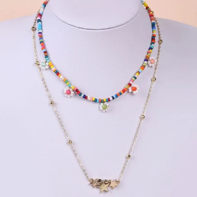 2 Pcs/Set Bohemian Multicolor Beaded Necklaces For Women Boho Gold Color Metal Chain Handmade Beads Flower Necklace Jewelry