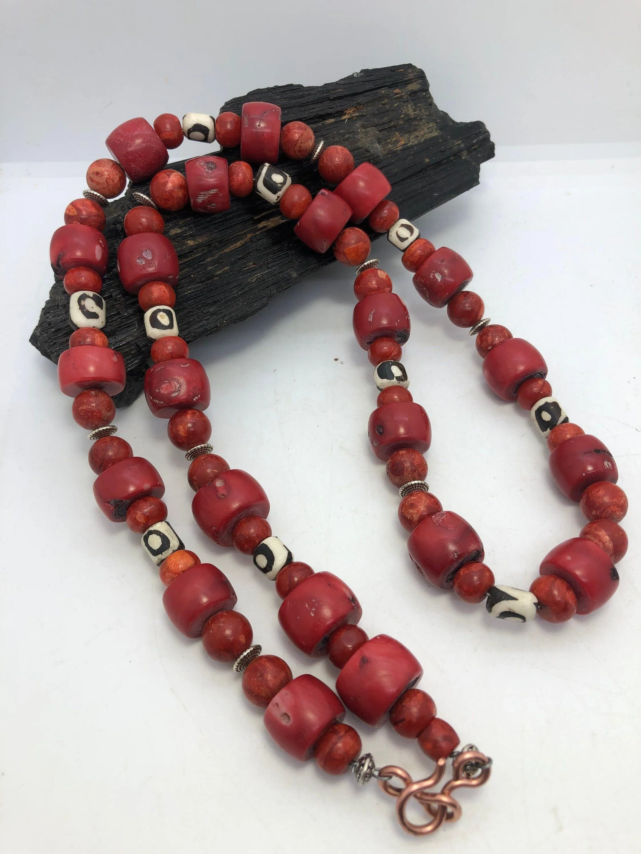 30 inch Red Coral and African Bone Beads Beaded Necklace