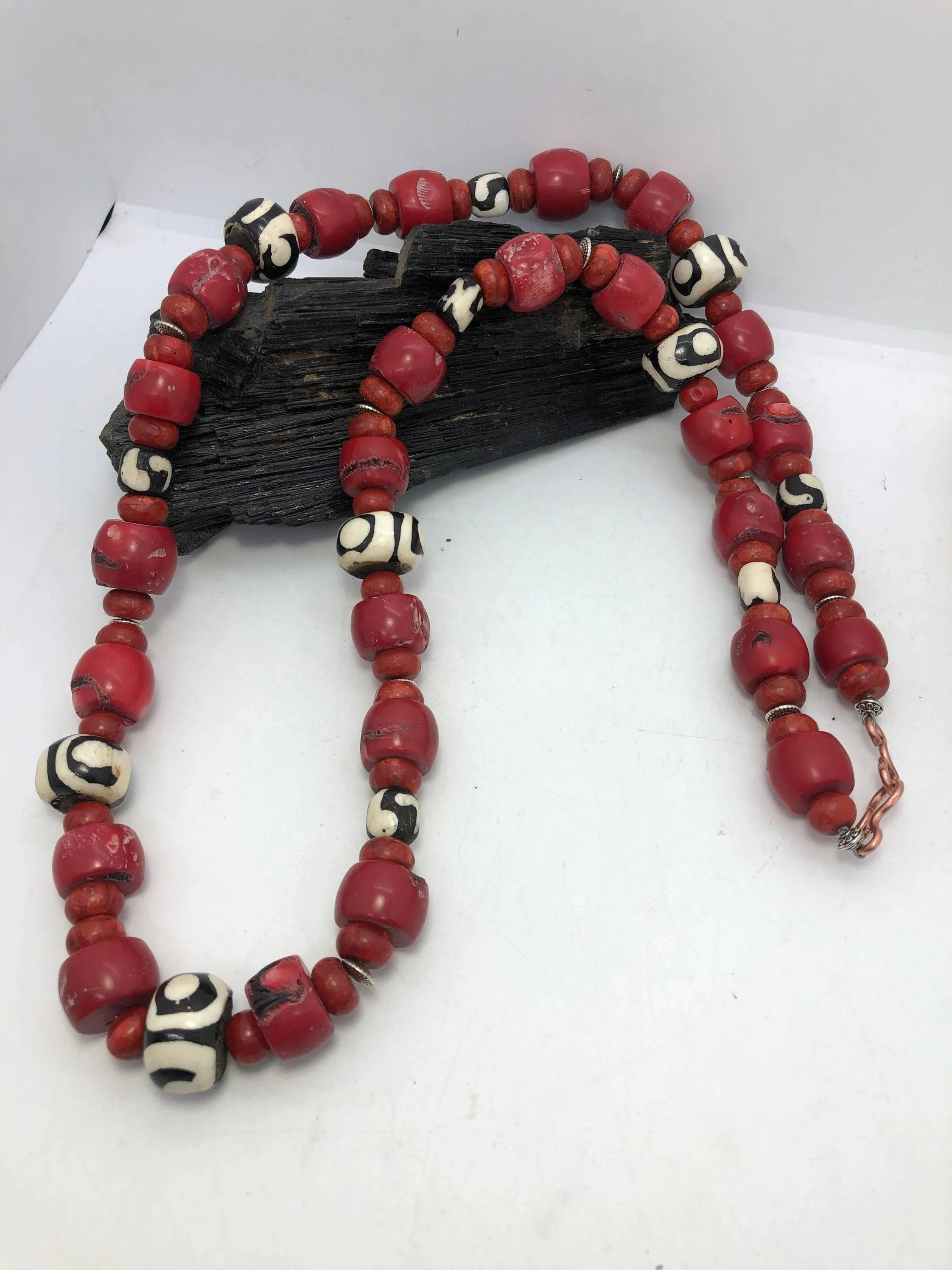 30 inch Red Coral and African Bone Beads Beaded Necklace