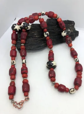 30 inch Red Coral and African Bone Beads Beaded Necklace